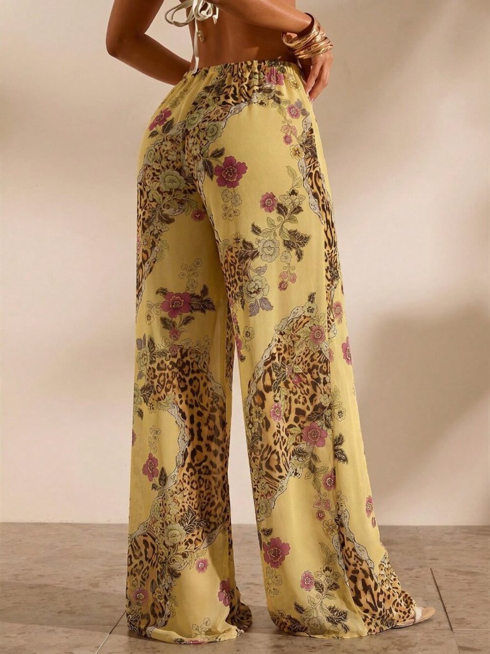 Multicolor Women's Floral Print Casual Vacation Cover-Up sheer Pants - Picture 3 of 8